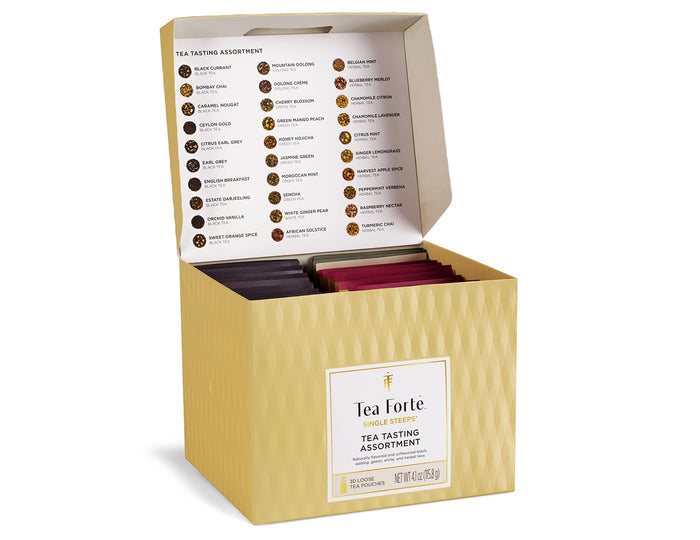 Single Steeps tea assortment in a 30 count chest of Single Steeps pouches with lid open