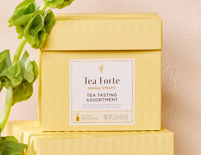 MAIN PDP | Tea Tasting Assortment Single Steeps Sampler box of 15 Single Steeps pouches - front of box with greenery