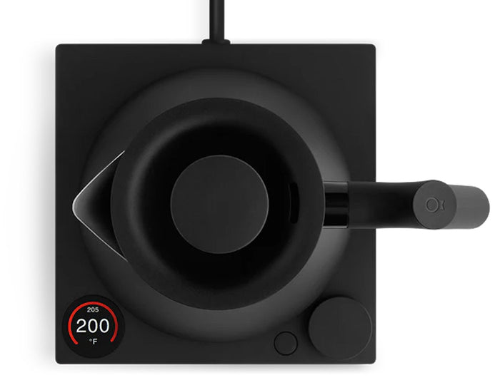 Black Corvo Kettle EKG Pro seen from above on its base with 200 degrees showing on the digital display