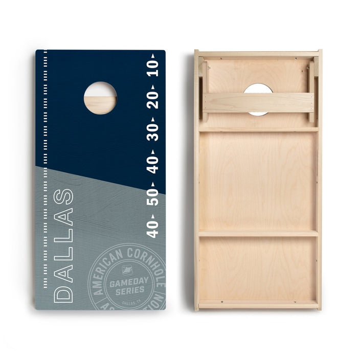 Front and back view of Dallas Football Gameday Stadium Star Cornhole Boards showing premium playing surface and bounce-reducing bracing.