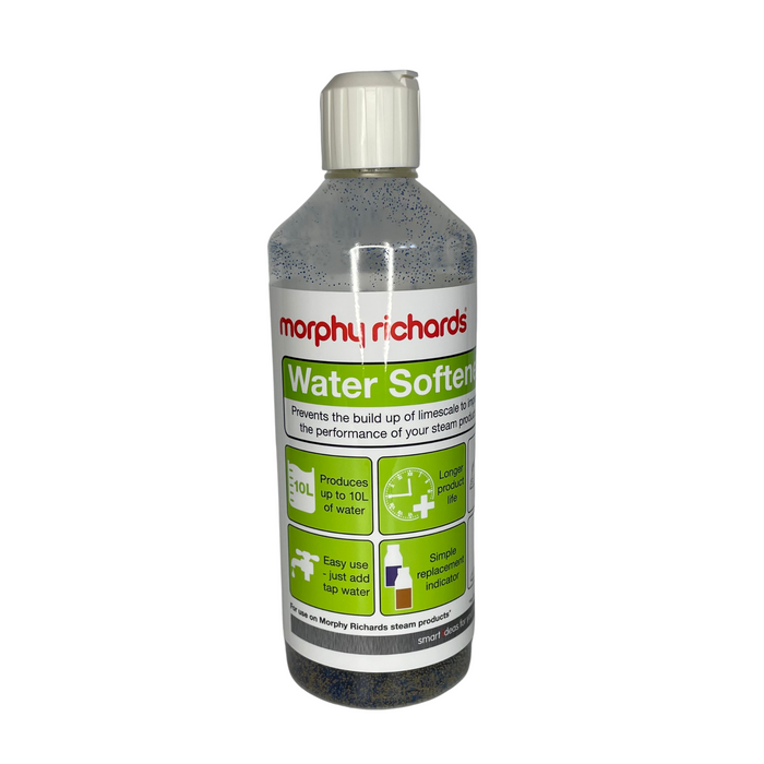 A translucent bottle labeled 'Morphy Richards Water Softener' with visible crystals and water level.