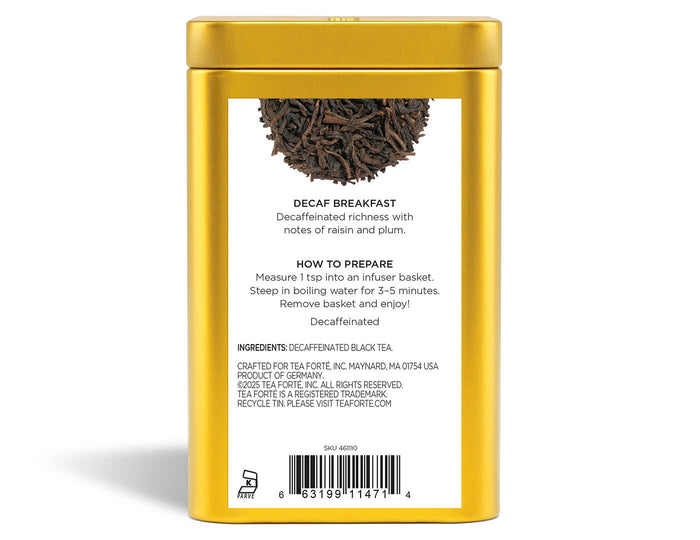 Decaf Breakfast tea in a canister of loose tea - back view