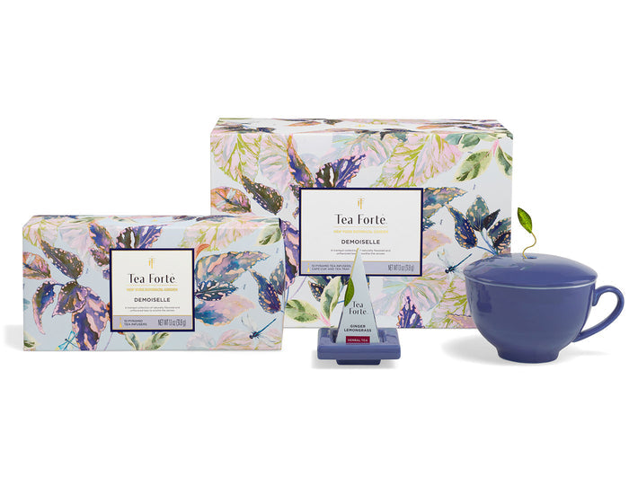 Demoiselle Gift Set box with Petite of 10 teas, infuser on purple tray and purple Café Cup with lid