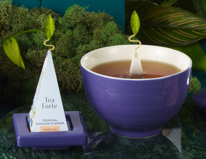 MAIN PDP | Closeup of the Demoiselle Gift Set Café Cup and Tea Tray in indigo, amongst moss and plants