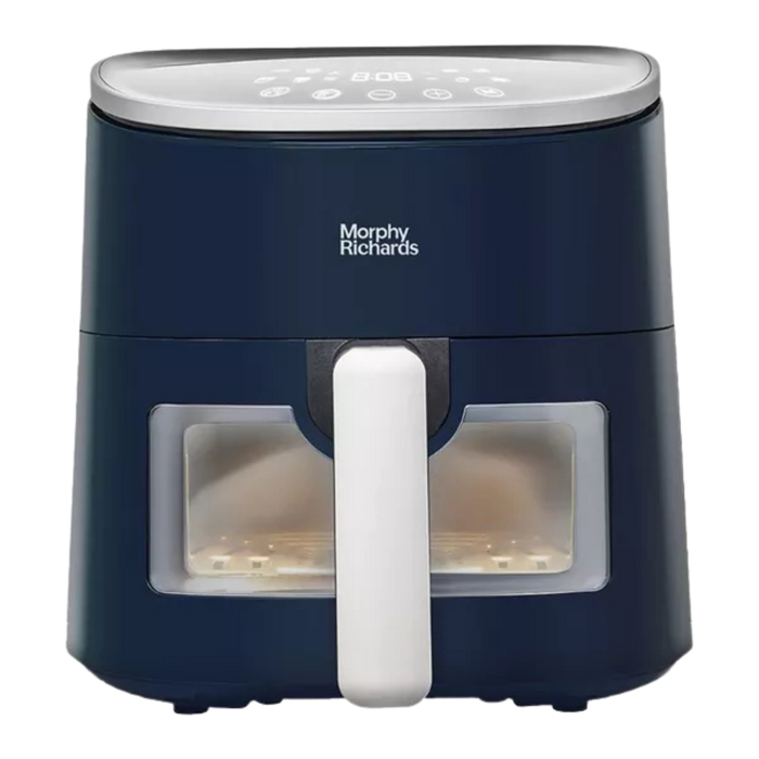Navy blue Morphy Richards air fryer on a white background