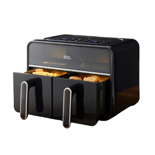 A black digital dual basket 7.2 litre air fryer with food inside, showing both drawers open.