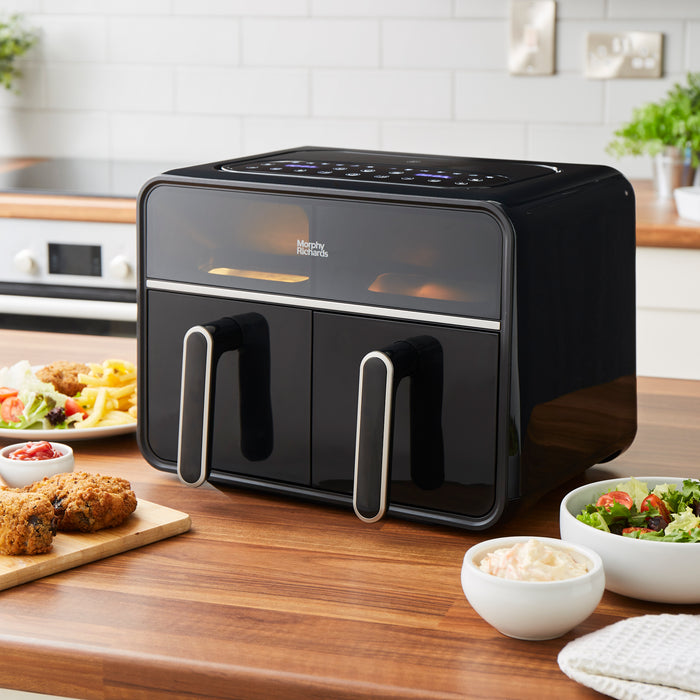 dual air fryer on kitchen counter