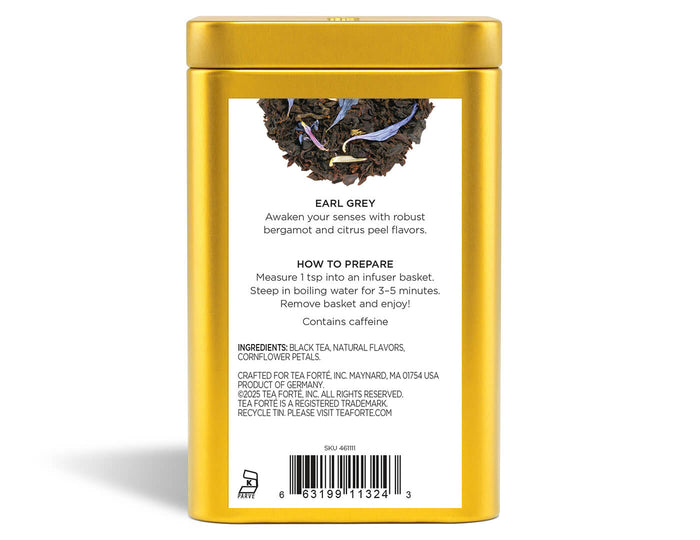 Earl Grey tea in a canister of loose tea - back view