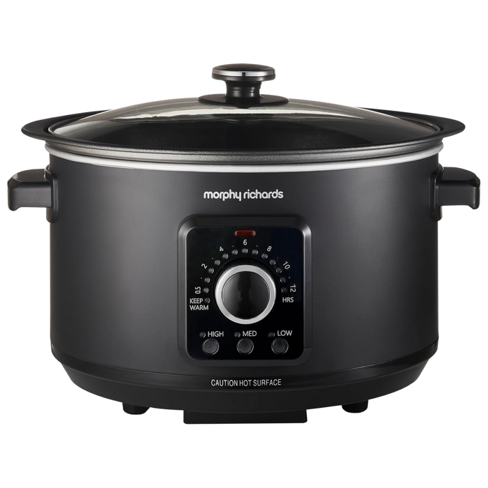 Black Morphy Richards slow cooker on a white background