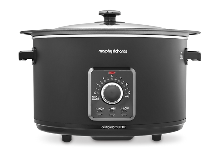 A black Morphy Richards Easy Time 6.5L Slow Cooker with a glass lid and dial control on the front.