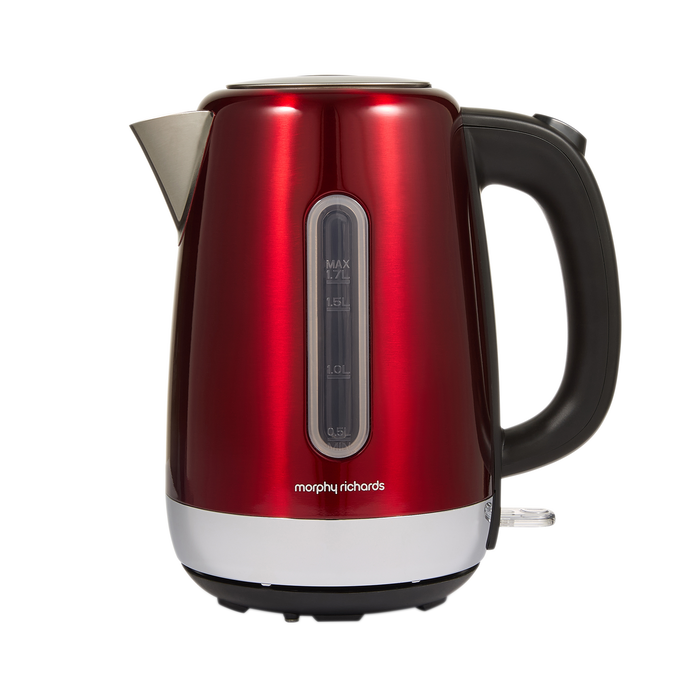 Red jug kettle with black handle on a white background