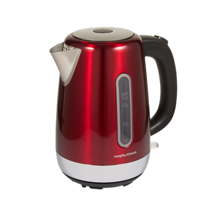 Red jug kettle with black handle on a white background