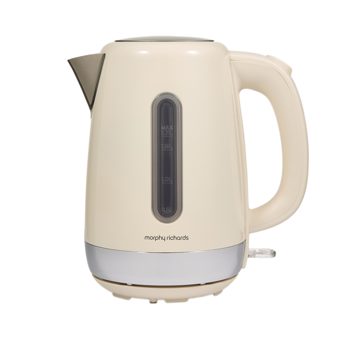 Beige electric kettle with Morphy Richards branding on a white background