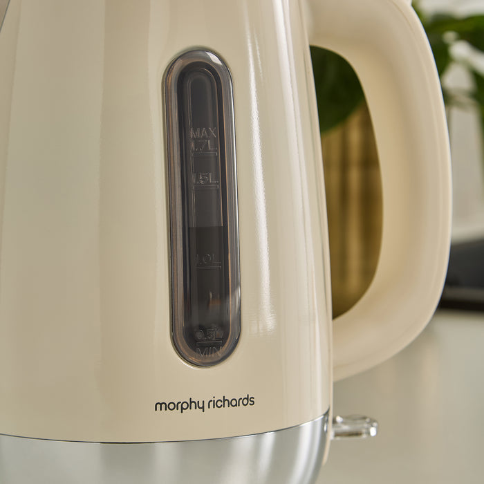 Close-up of a beige Morphy Richards kettle with control panel.