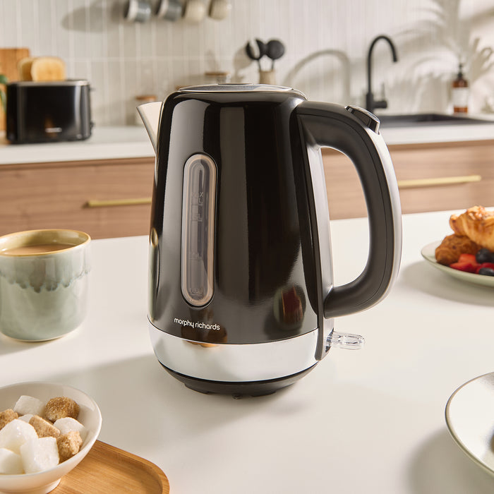 Black jug kettle on kitchen worktop