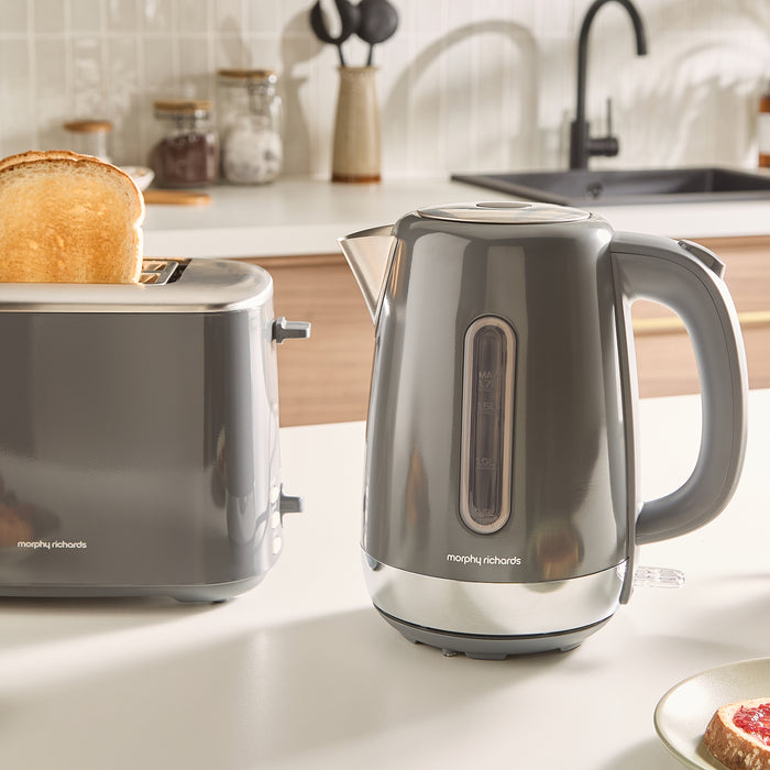 Grey Morphy Richards kettle and toaster  set on a kitchen counter with toast.