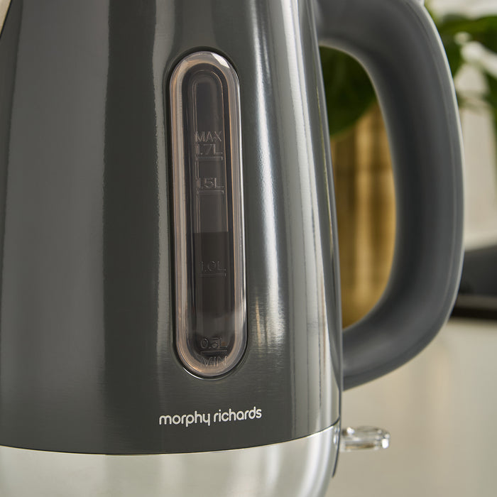 Close-up of a Morphy Richards kettle with measurement scale.