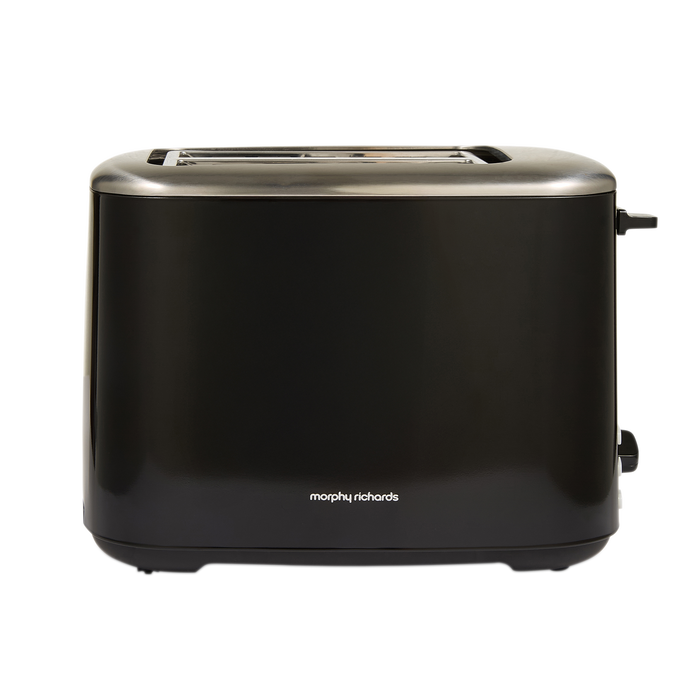 Black toaster with silver accents on a white background