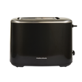 Black toaster with silver accents on a white background