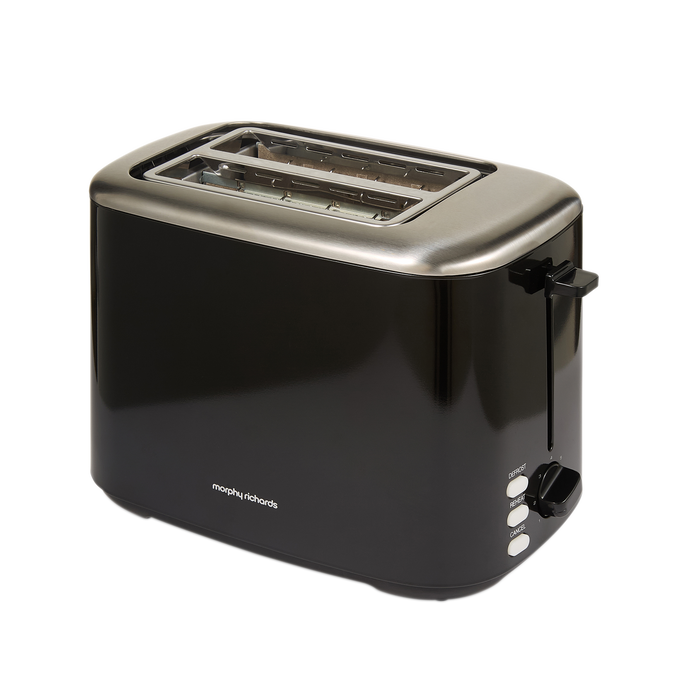 Black toaster with silver top on a white background