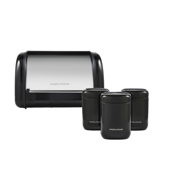 Black 3 Storage Canisters and Compact Roll Front Bread Bin
