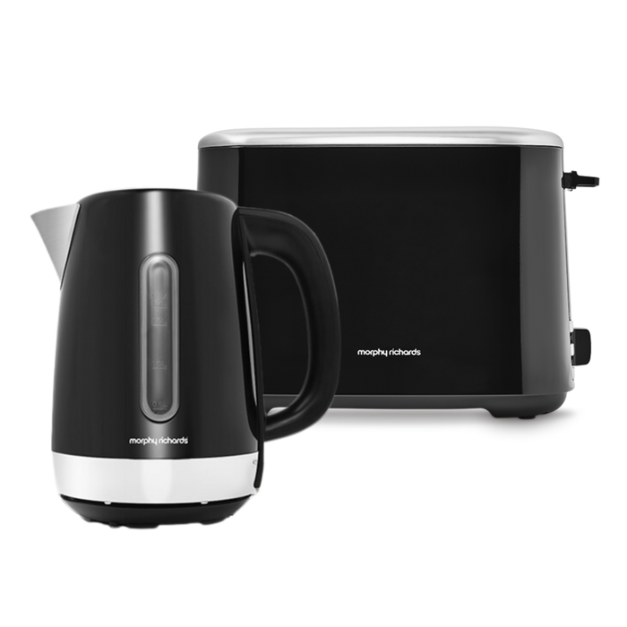 A black Equip brand electric kettle and toaster set on a white background.