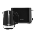 A black Equip brand electric kettle and toaster set on a white background.