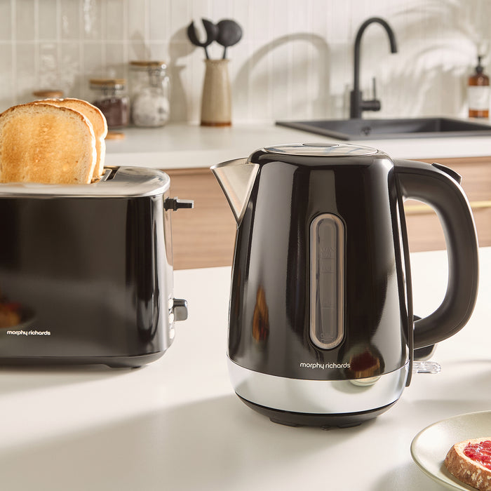 Equip Black 1.7L Jug Kettle with black toaster on the kitchen worktop