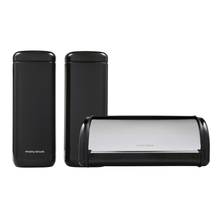 Morphy Richards cannisters and bread bin on a white background