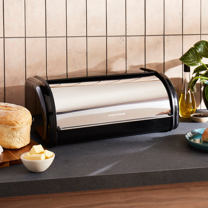 Morphy Richards bread bin on a kitchen counter with bread and butter