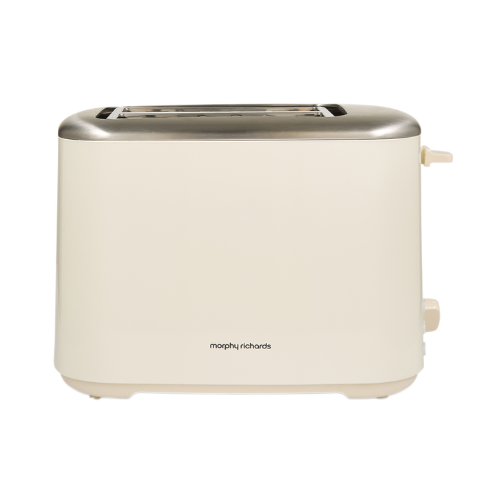 Cream-colored toaster with metallic top on a white background