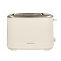 Cream-colored toaster with metallic top on a white background