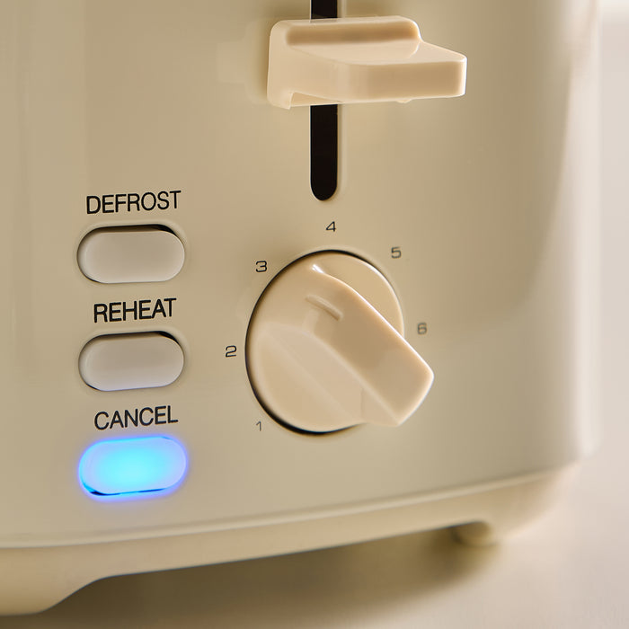 Control panel of a toaster with buttons labeled 'Defrost', 'Reheat', and 'Cancel'.
