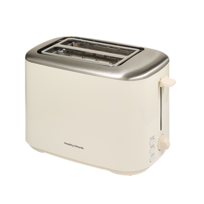 Beige toaster with metallic top on a white background