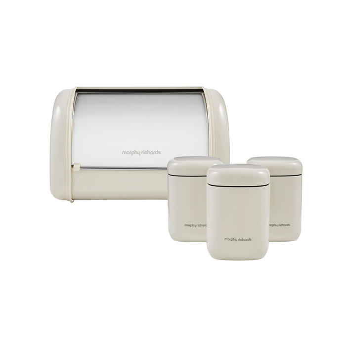 Morphy Richards cannisters and bread bin on a white background