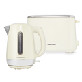 A white Equip brand electric jug kettle and a 2-slice toaster set, both with a sleek design.