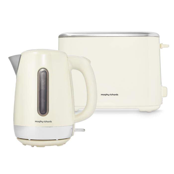 A white Equip brand electric jug kettle and a 2-slice toaster set, both with a sleek design.