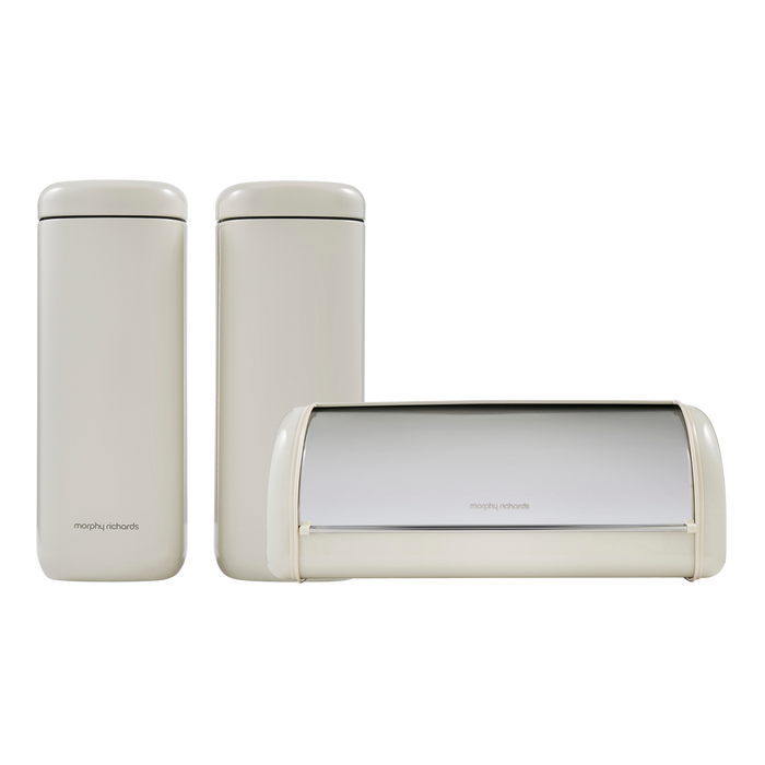 Morphy Richards cannisters and bread bin on a white background