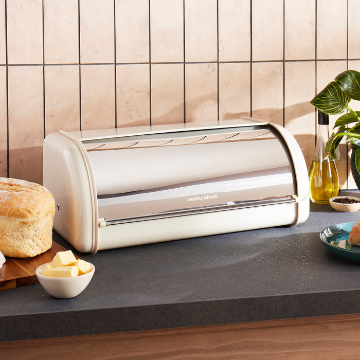 Morphy Richards bread bin on a kitchen counter with bread and butter