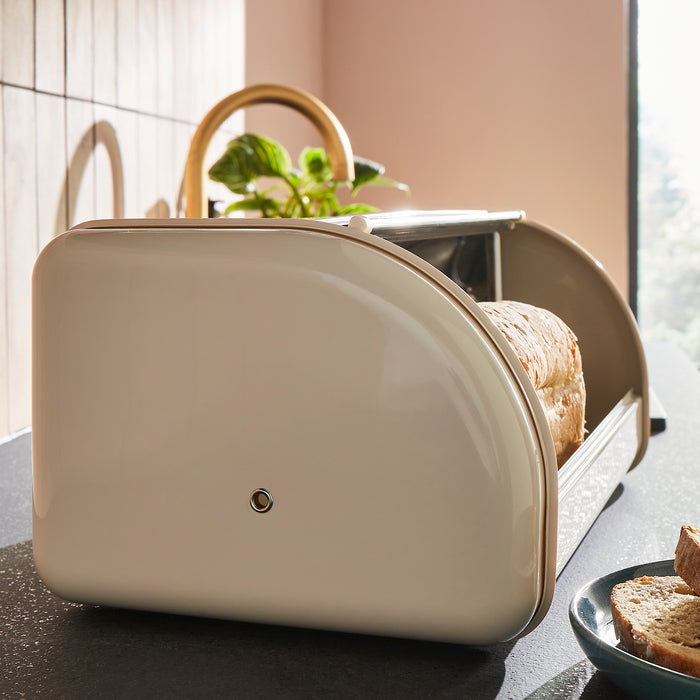 Morphy Richards bread bin on a kitchen counter with bread and butter