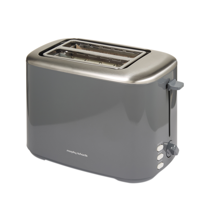 Grey toaster with a silver top on a white background