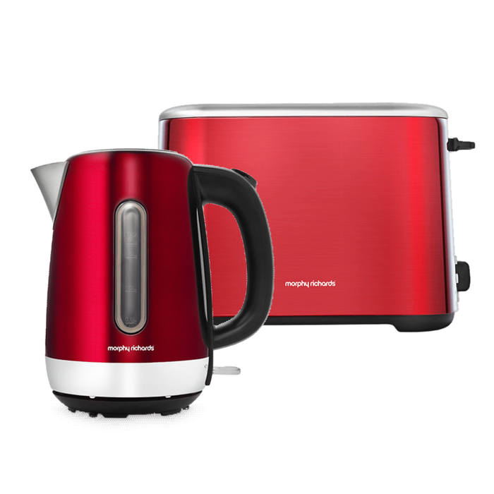 A red Morphy Richards kettle and toaster set, with the Equip brand visible on the appliances.