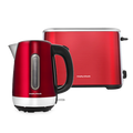 A red Morphy Richards kettle and toaster set, with the Equip brand visible on the appliances.