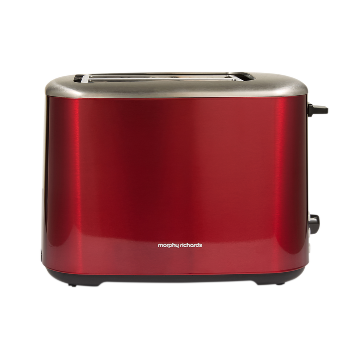 Red toaster with silver accents on a white background