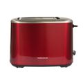 Red toaster with silver accents on a white background