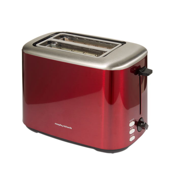 Red toaster with silver top on a white background