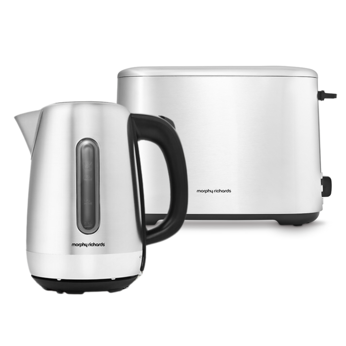 A silver Equip brand kettle and toaster set on a white background, showcasing the stainless steel design of the appliances.