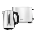 A silver Equip brand kettle and toaster set on a white background, showcasing the stainless steel design of the appliances.