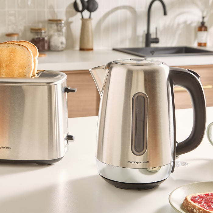 Equip Sliver 1.7L Jug Kettle and silver toaster on the kitchen worktop