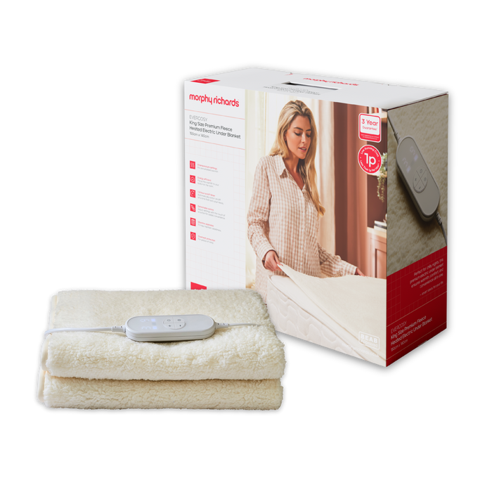 Electric blanket with remote control and Morphy Richards packaging on a white background